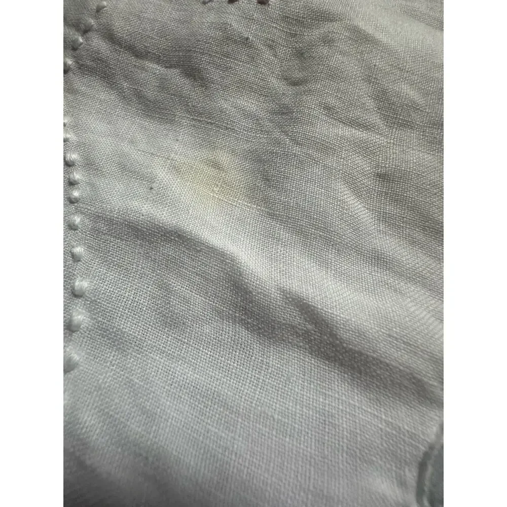 Vintage Hand Embroidered Tablecloth White floral blue linen cut out 98x58”